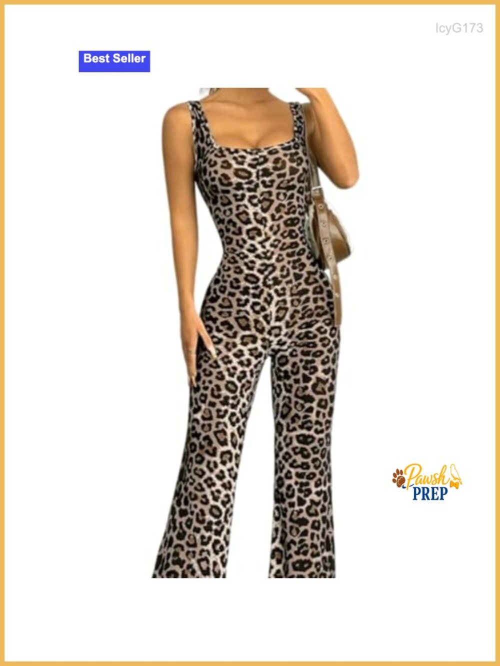 Women's Leopard Print Square Neck One Piece Jumpsuit Stretchy Sleeveless Flared